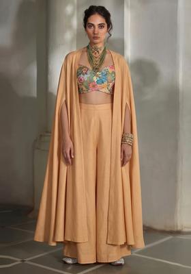 Peach Embroidered Silk Fusion Set