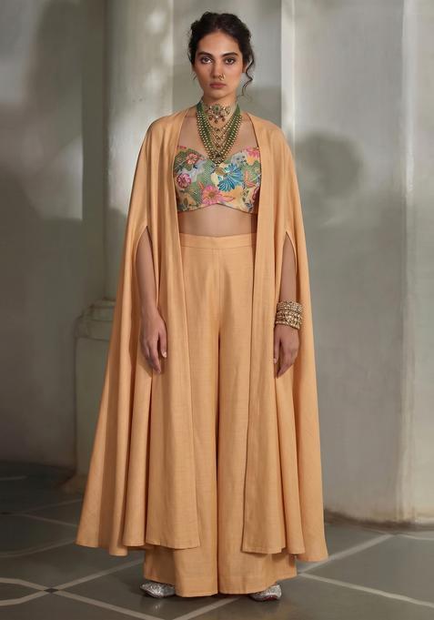 Peach Embroidered Silk Fusion Set