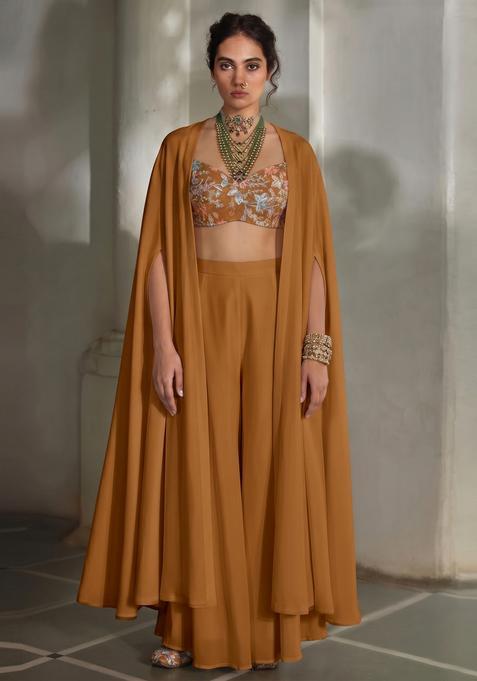 Mustard Embroidered Silk Fusion Set