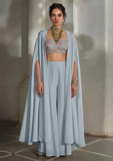 Powder Blue Embroidered Silk Fusion Set
