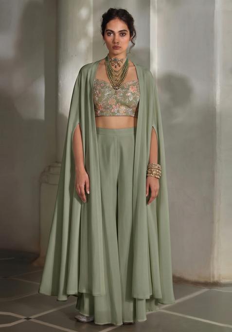 Sage Green Embroidered Silk Fusion Set