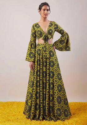 Lime Green Printed Satin Lehenga Set