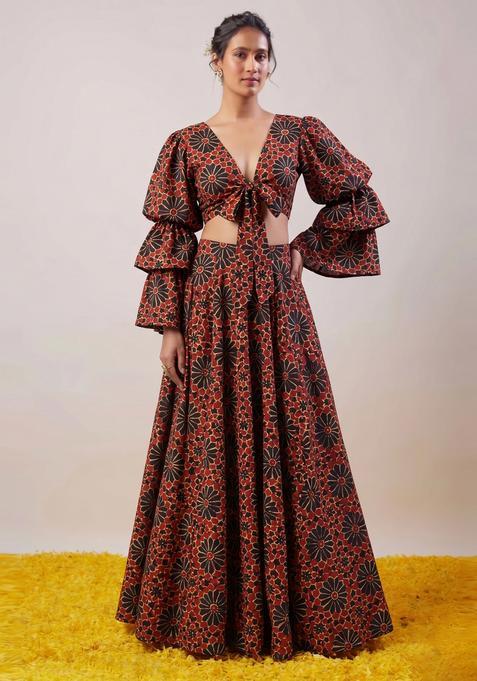Brown Printed Satin Lehenga Set