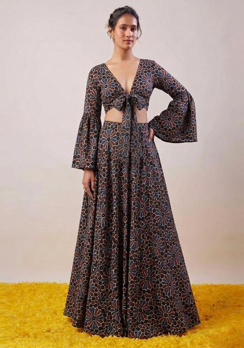 Grey Printed Satin Lehenga Set