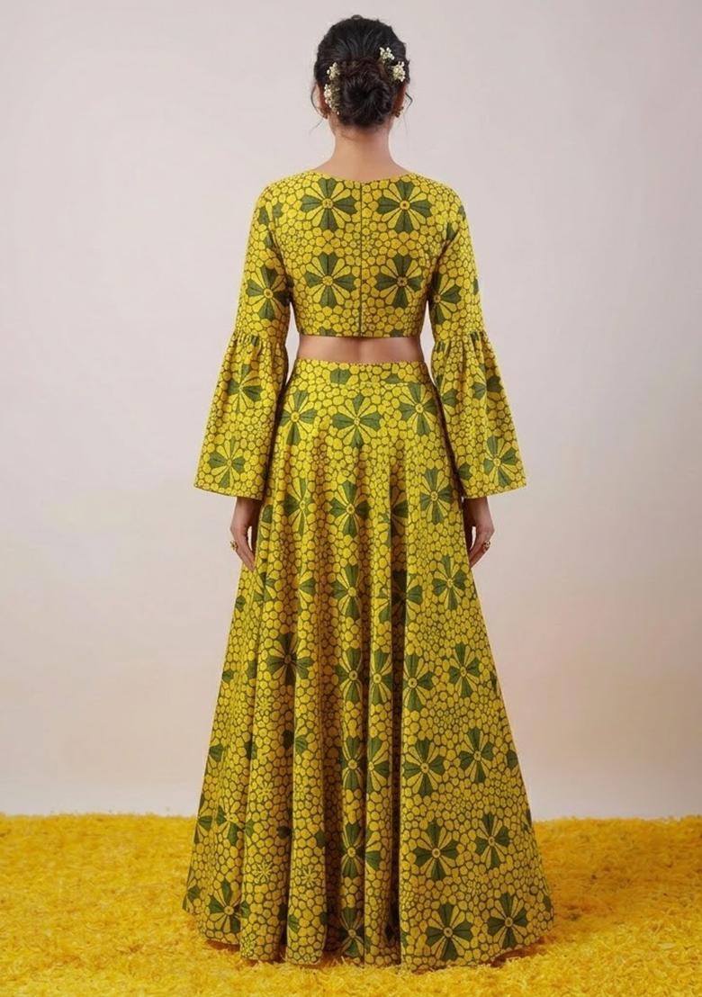 Bright Yellow Printed Satin Lehenga Set - Indya