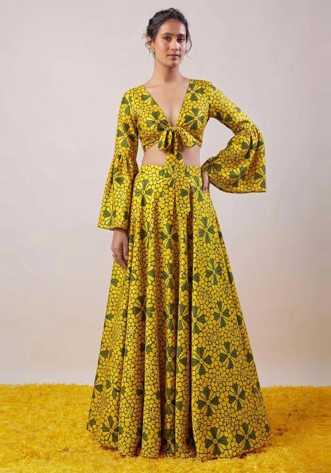 Bright Yellow Printed Satin Lehenga Set
