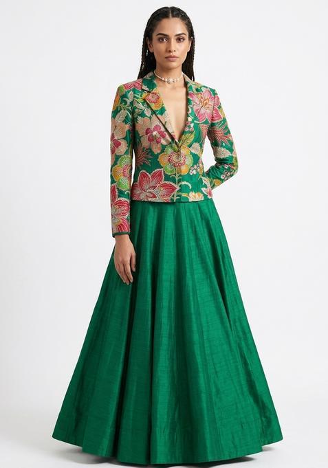 Emerald Green Printed Viscose Lehenga Set