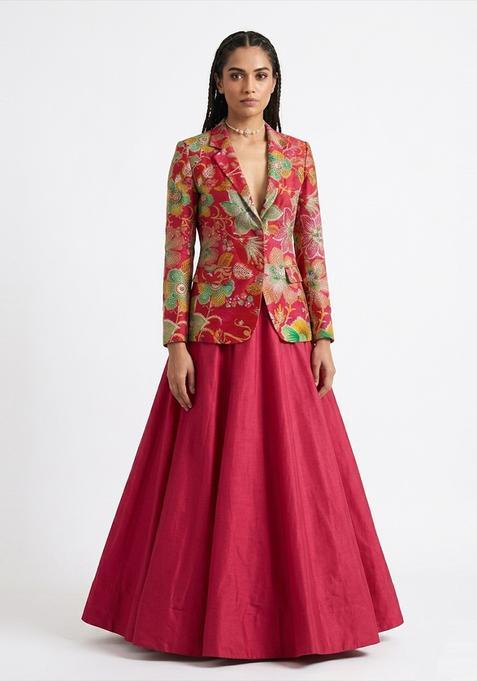 Red Printed Viscose Lehenga Set