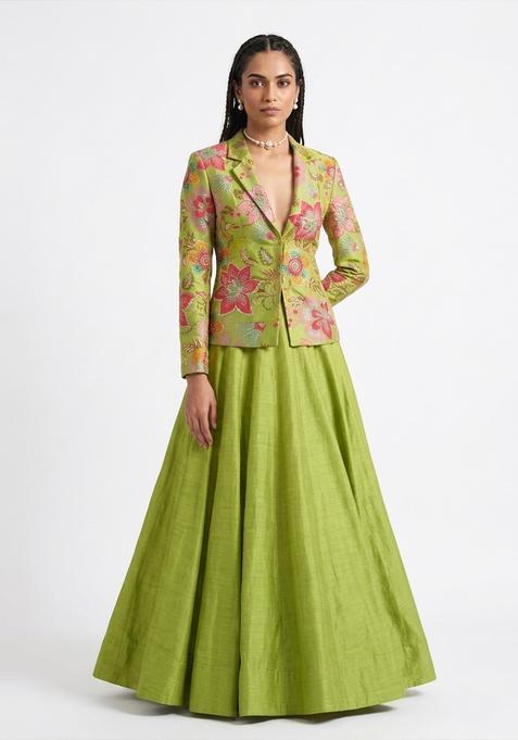Lime Green Printed Viscose Lehenga Set