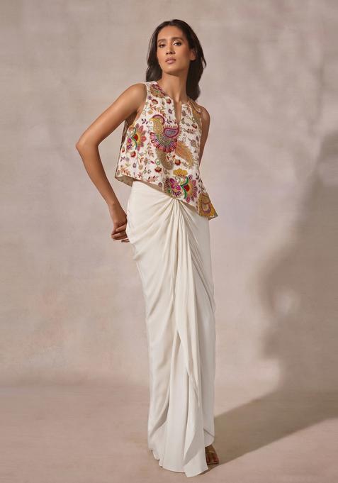 Off-White Embroidered Crepe Fusion Set