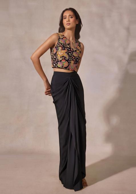Black Embroidered Crepe Fusion Set