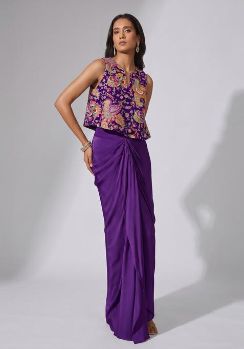 Royal Purple Embroidered Crepe Fusion Set