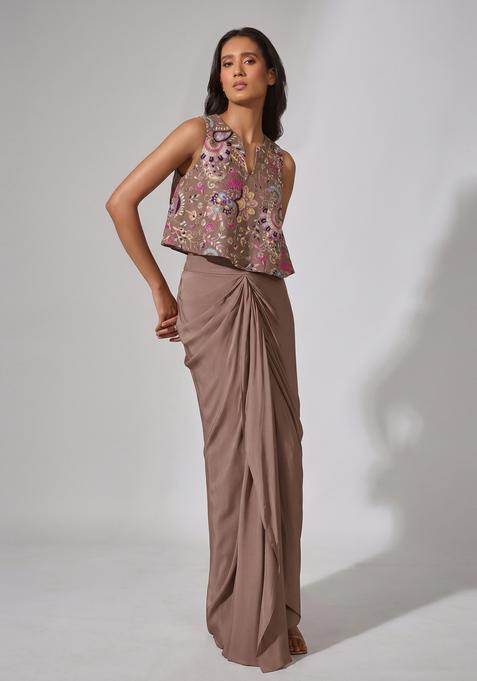 Taupe Brown Embroidered Crepe Fusion Set