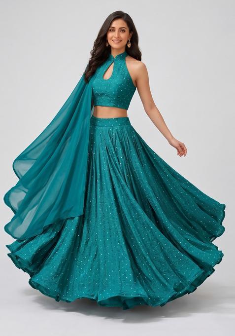 Teal Embroidered Crepe Lehenga Set