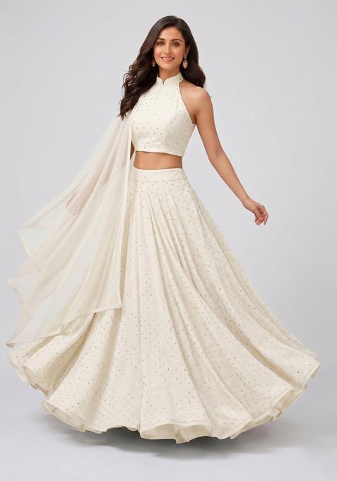 White Embroidered Crepe Lehenga Set