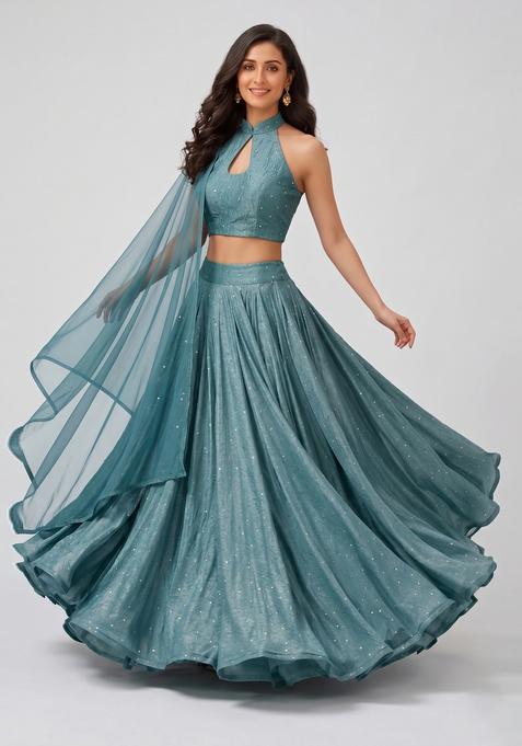 Pastel Blue Embellished Crepe Lehenga Set