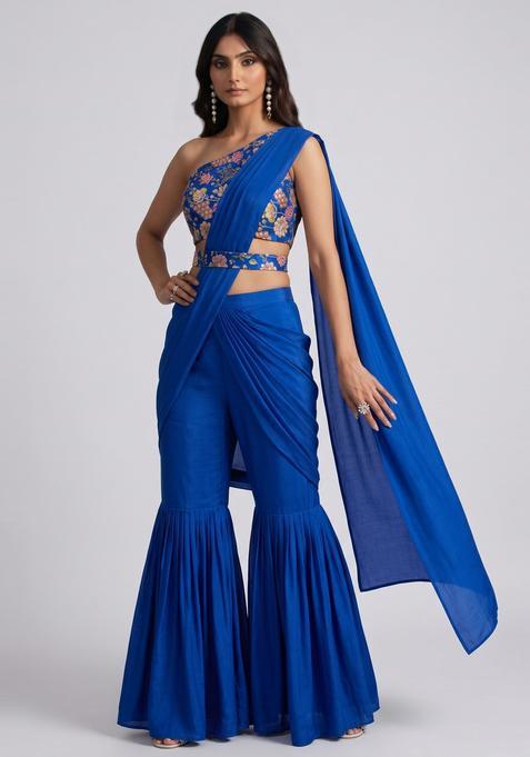Royal Blue Printed Crepe Fusion Set