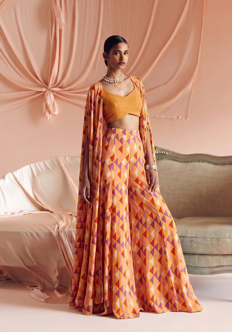 Peach Printed Georgette Fusion Set