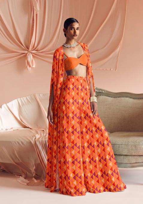 Orange Printed Georgette Fusion Set
