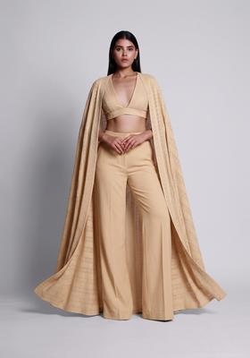 Beige Embroidered Georgette Fusion Set