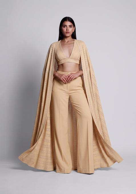 Beige Embroidered Georgette Fusion Set