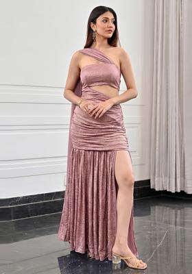 Dusty Pink Textured Satin Pre Draped Saree Set