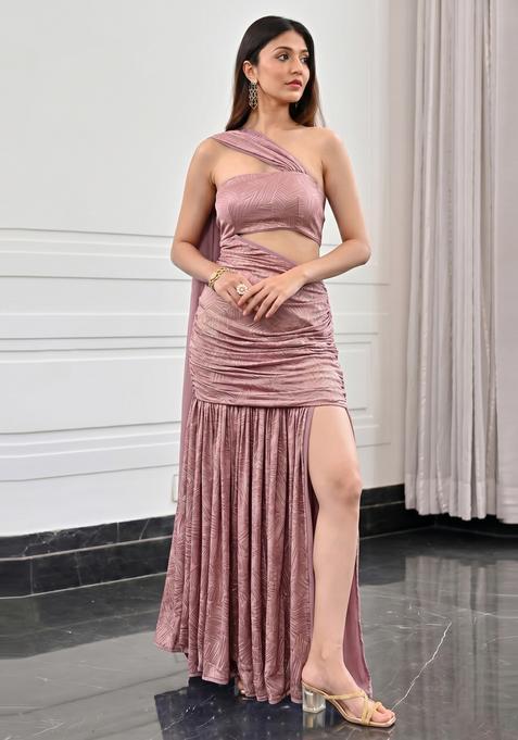 Dusty Pink Textured Satin Pre Draped Saree Set