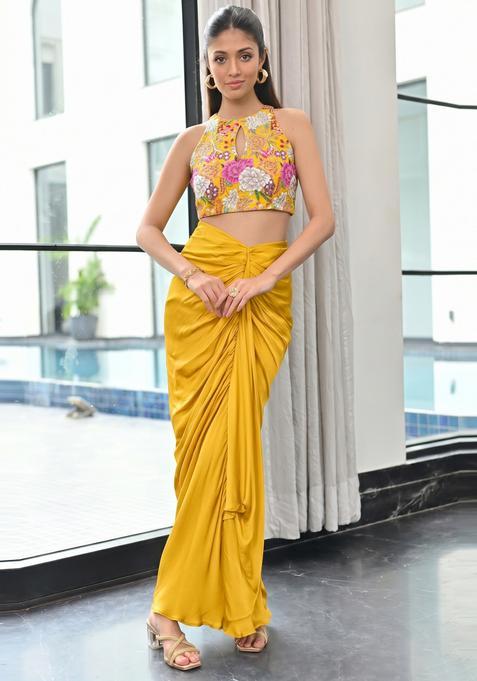 Mustard Yellow Printed Crepe Fusion Set