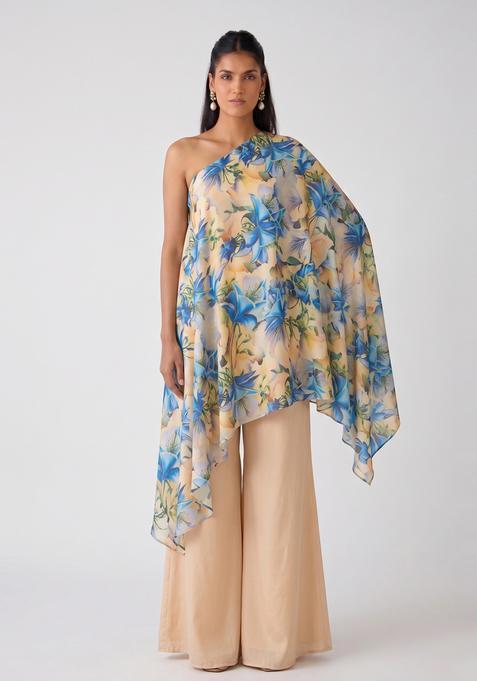 Beige Printed Organza Fusion Set