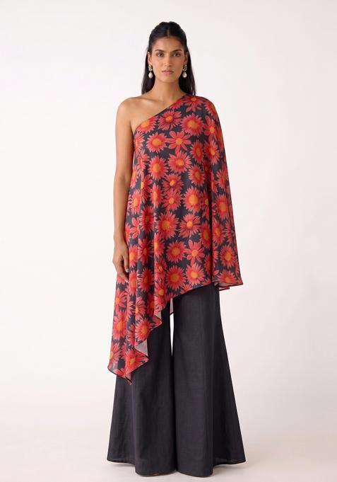 Charcoal Grey Printed Organza Fusion Set