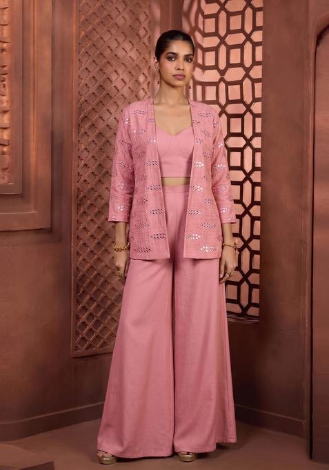 Pastel Pink Embroidered Silk Fusion Set