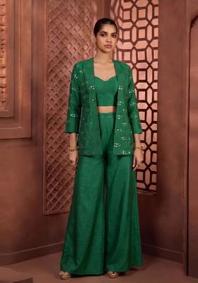 Emerald Green Embroidered Silk Fusion Set