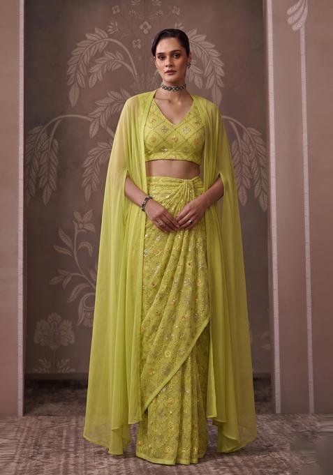 Lime Green Embroidered Georgette Pre Draped Saree Set
