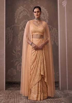 Peach Embroidered Georgette Pre Draped Saree Set