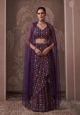 Dark Purple Embroidered Georgette Pre Draped Saree Set