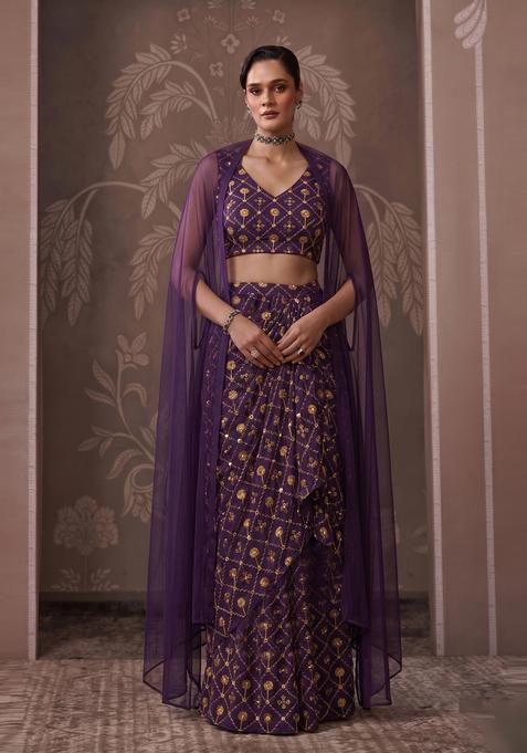 Dark Purple Embroidered Georgette Pre Draped Saree Set