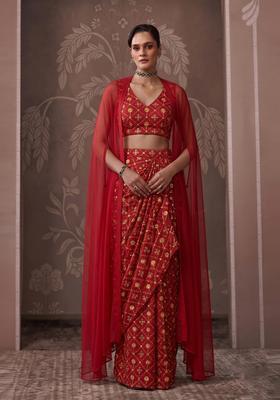 Red Embroidered Georgette Pre Draped Saree Set