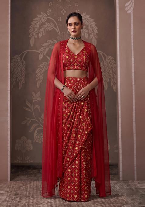Red Embroidered Georgette Pre Draped Saree Set