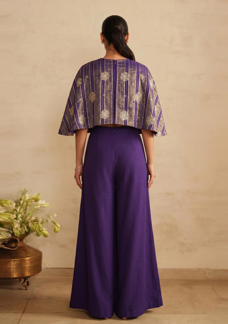 Violet Embroidered Tissue Fusion Set - Indya