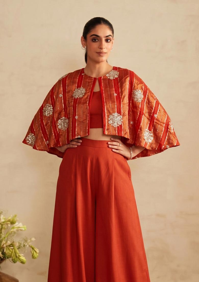 Rust Orange Embroidered Tissue Fusion Set - Indya