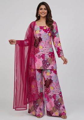 Pink Printed Crepe Kurta Set