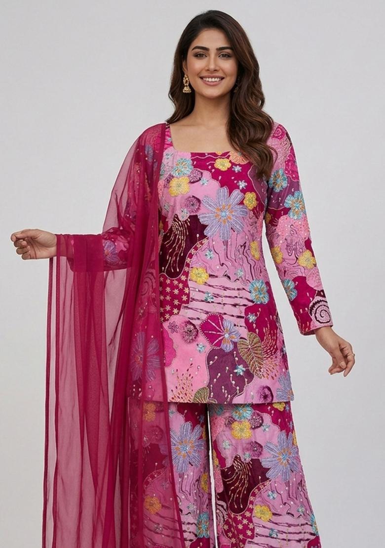 Pink Printed Crepe Kurta Set - Indya