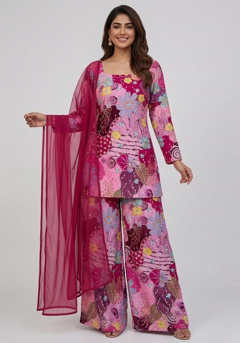Pink Printed Crepe Kurta Set