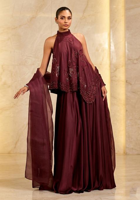 Wine Handwork Sharara Set