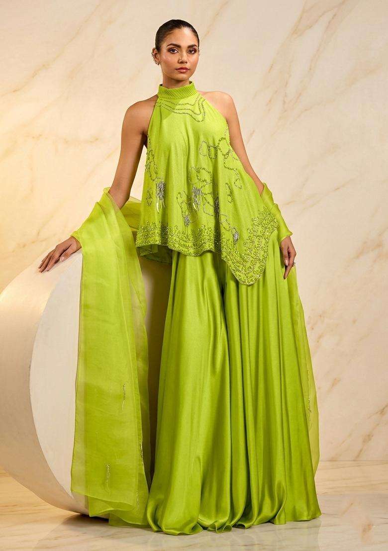 Lime Green Handwork Fusion Set - Indya