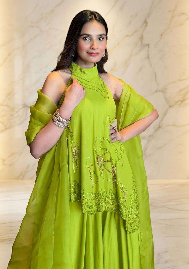 Lime Green Handwork Fusion Set - Indya