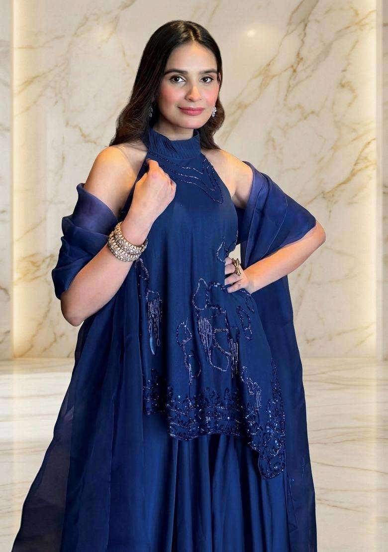 Navy Blue Handwork Fusion Set - Indya