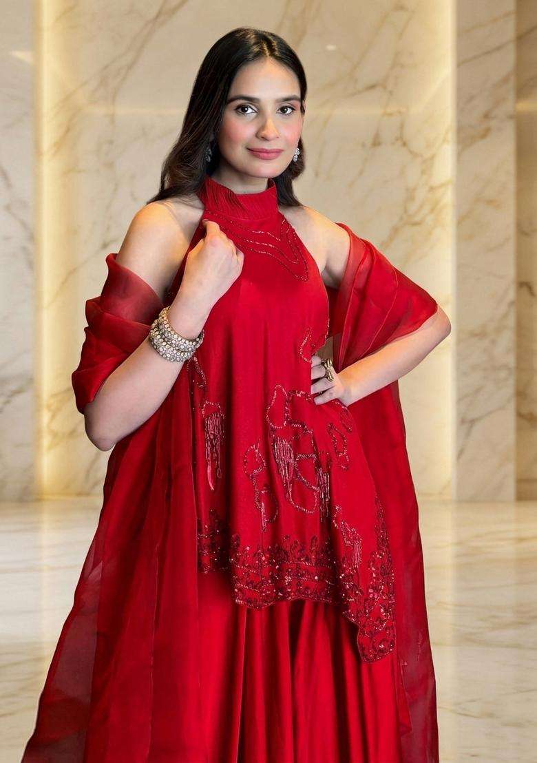 Orange Handwork Fusion Set - Indya