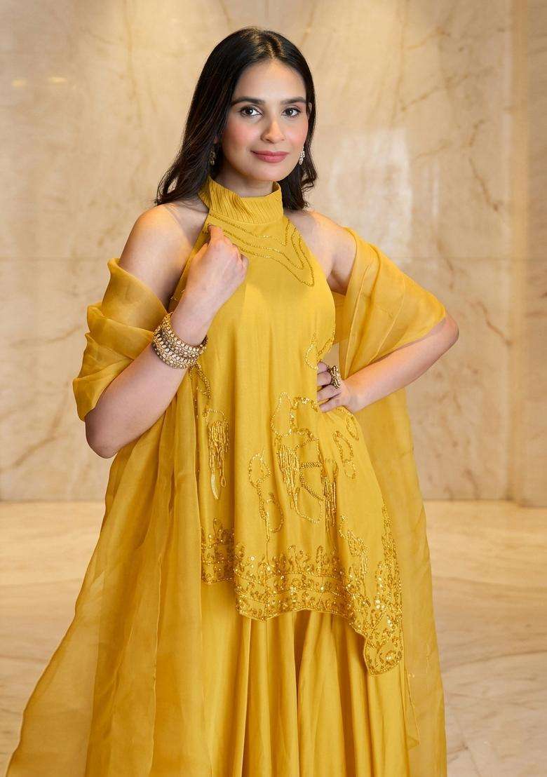 Yellow Handwork Fusion Set - Indya