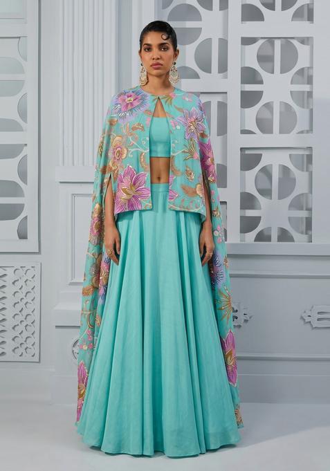 Turquoise Printed Organza Lehenga Set